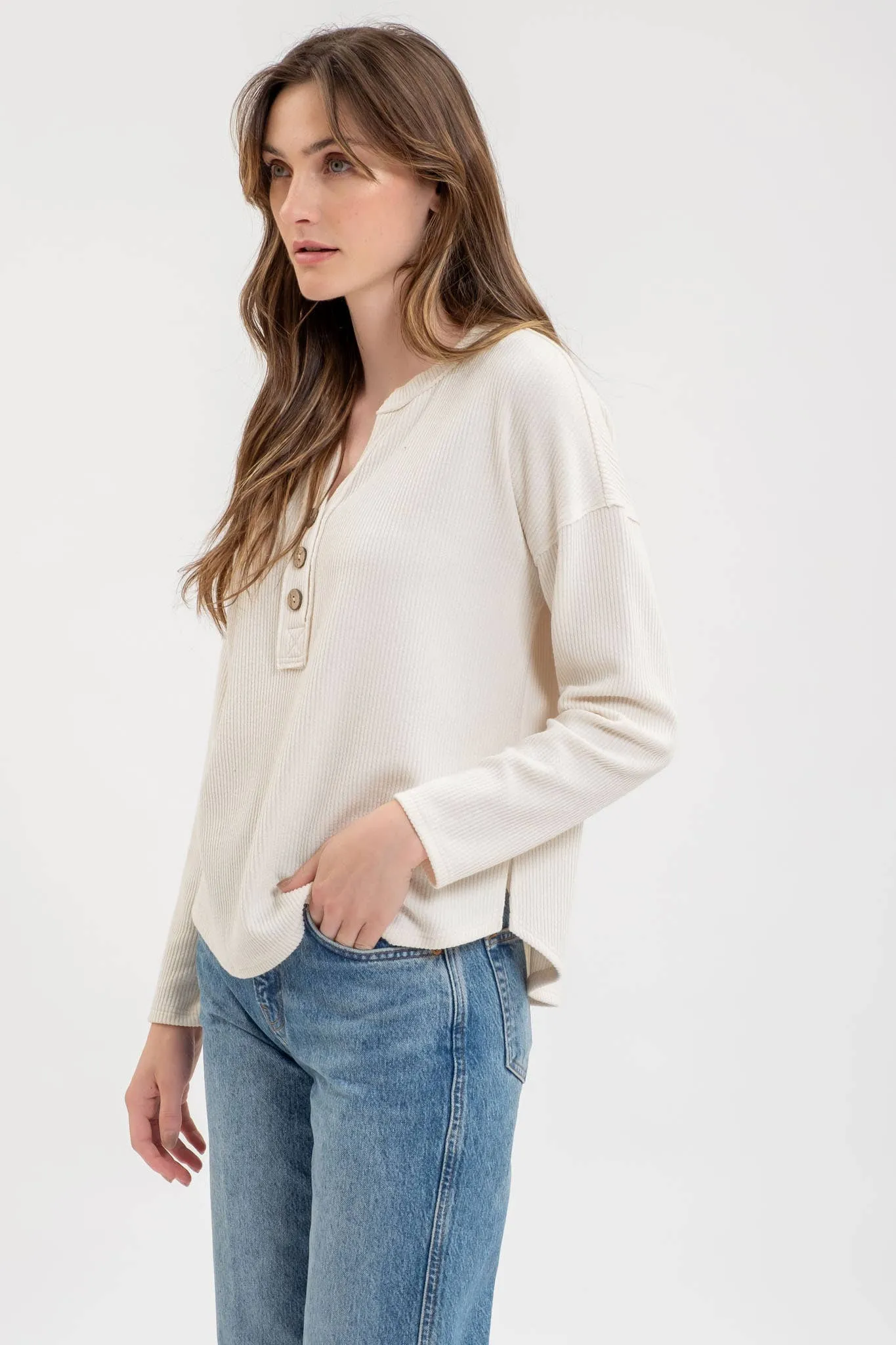 Henley Button Up Top in Cream