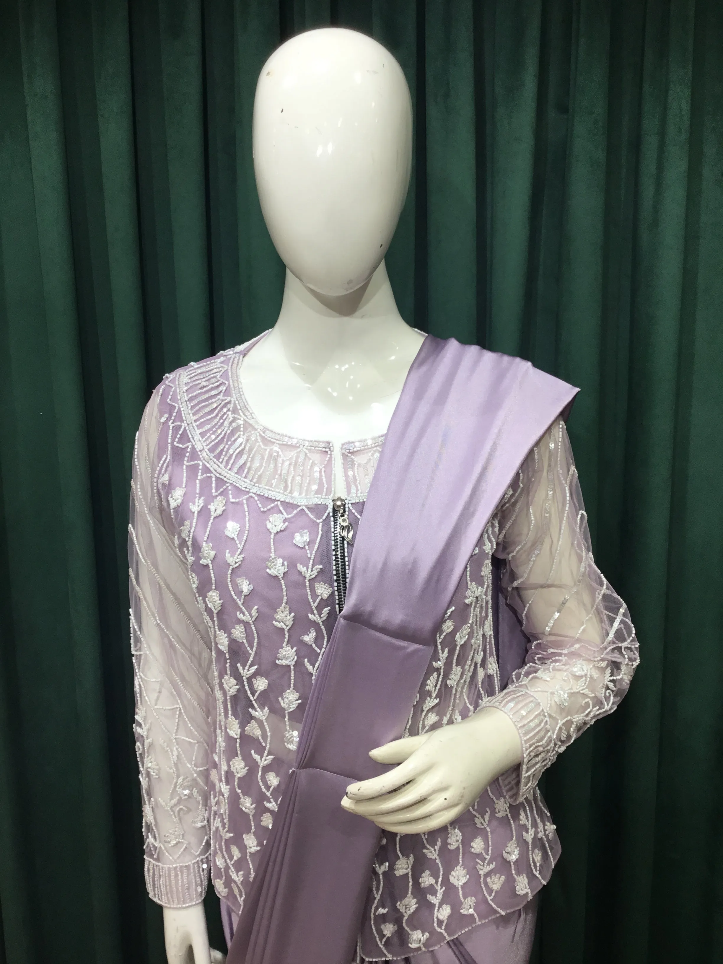 Lavender Lycra Drape Saree With Sequins and Japanese Cut Dana