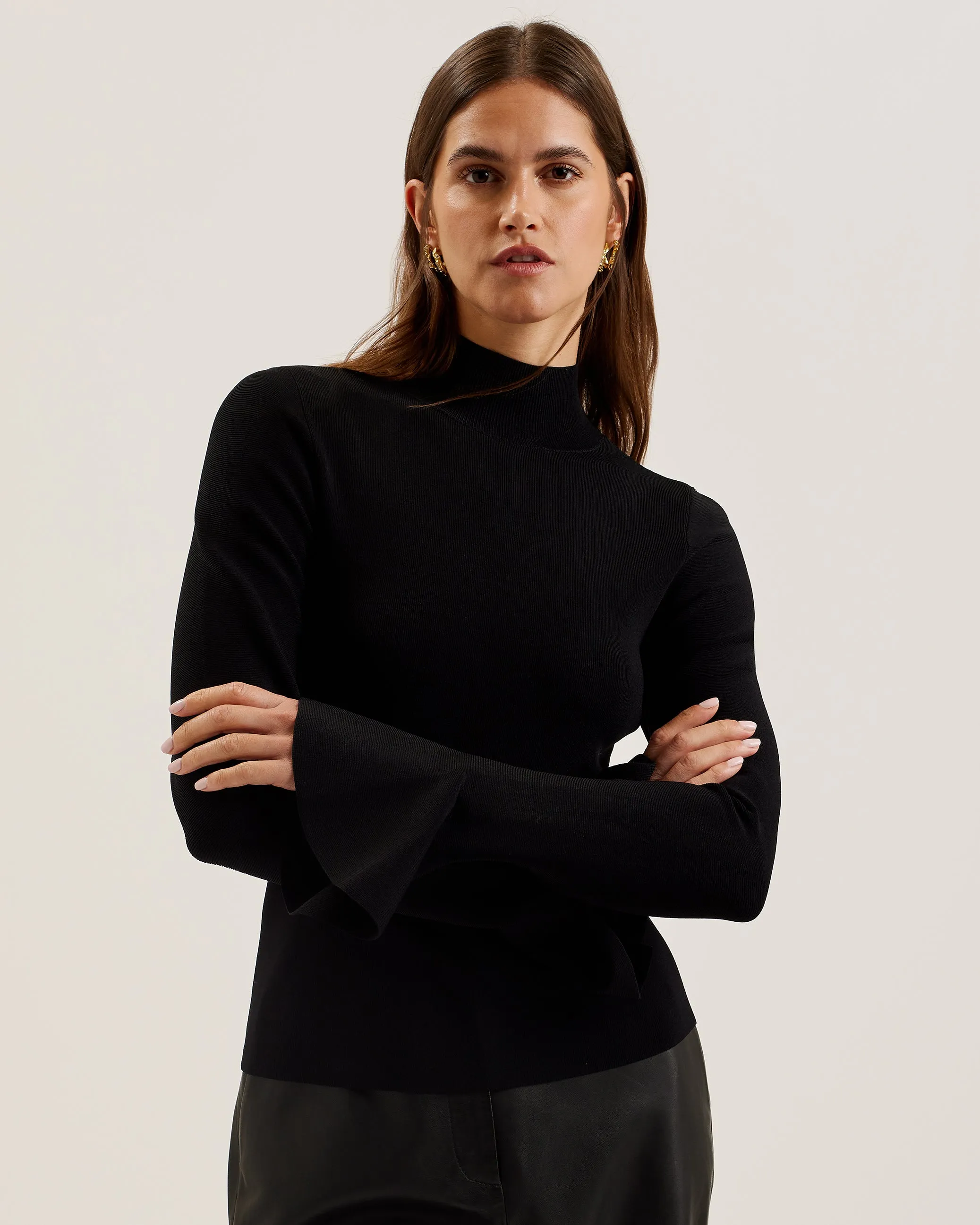 Laynha High Neck Knitted Frill Sleeve Top Black