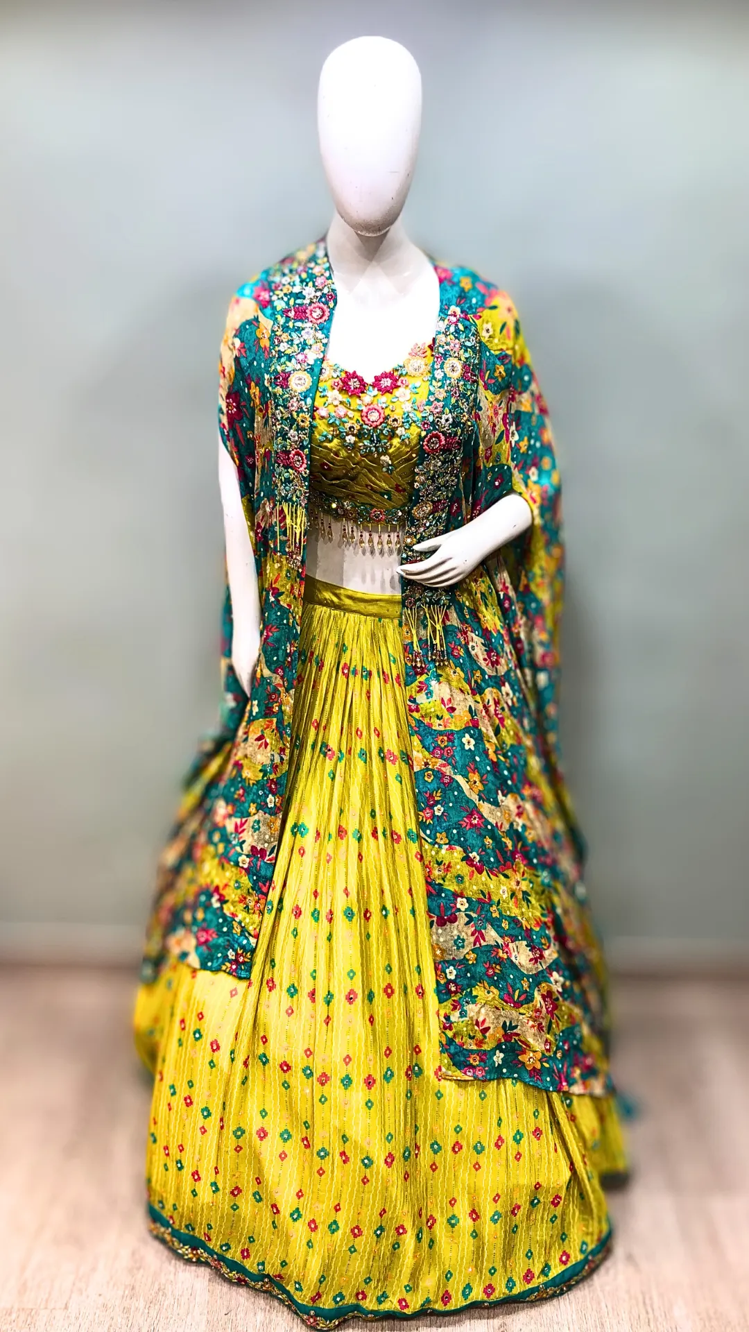 Lemon Green Chinon Lehenga With Mirror and Zarkan