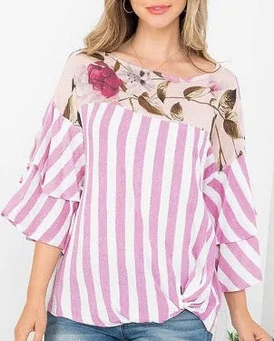 Lilac & White Stripe Top-Ruffle Sleeve