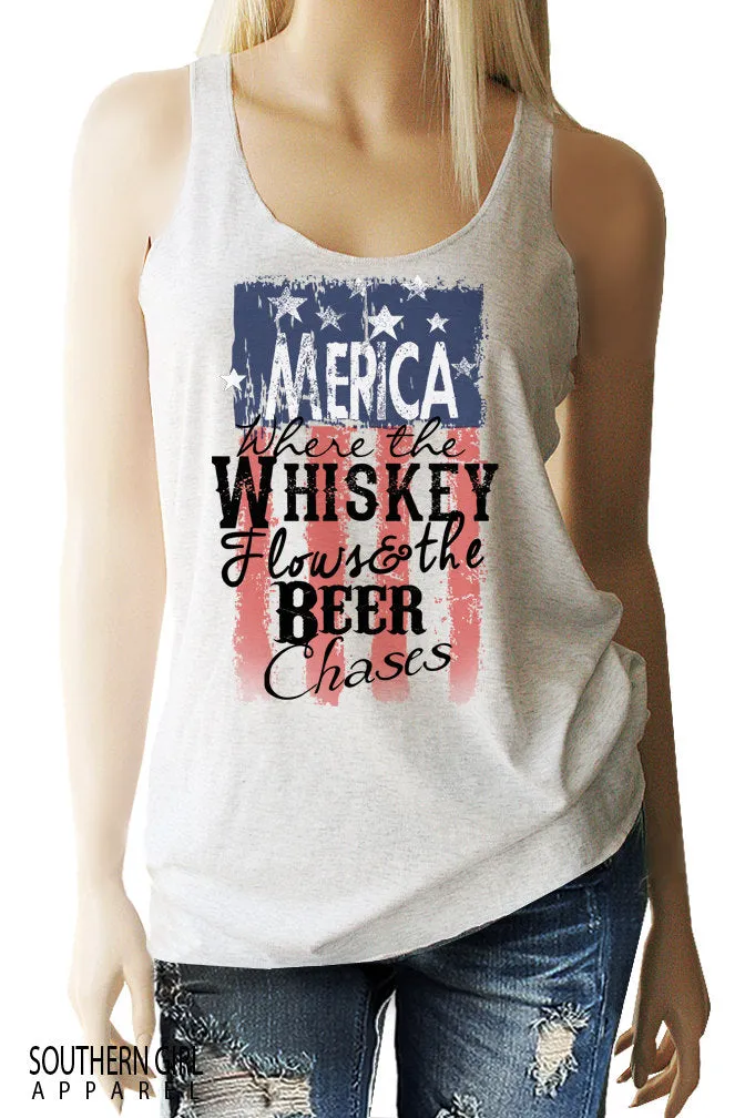 Merica Where the Whiskey Flows and the Beer Chases Racerback Tank Top