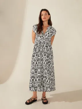 Mono Aztec Print Wrap Neck Midi Dress