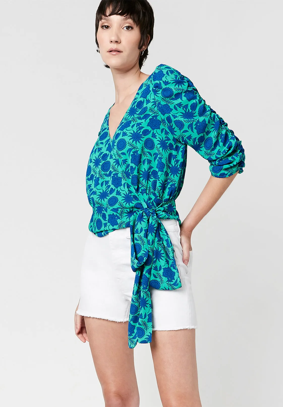 Natala Ruched Sleeve Wrap Blouse - WT2038S