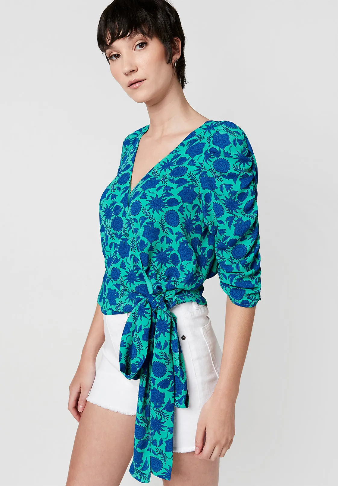 Natala Ruched Sleeve Wrap Blouse - WT2038S