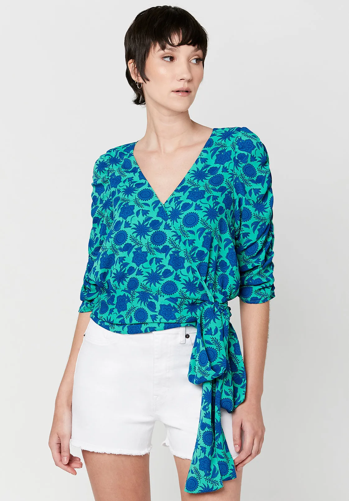 Natala Ruched Sleeve Wrap Blouse - WT2038S