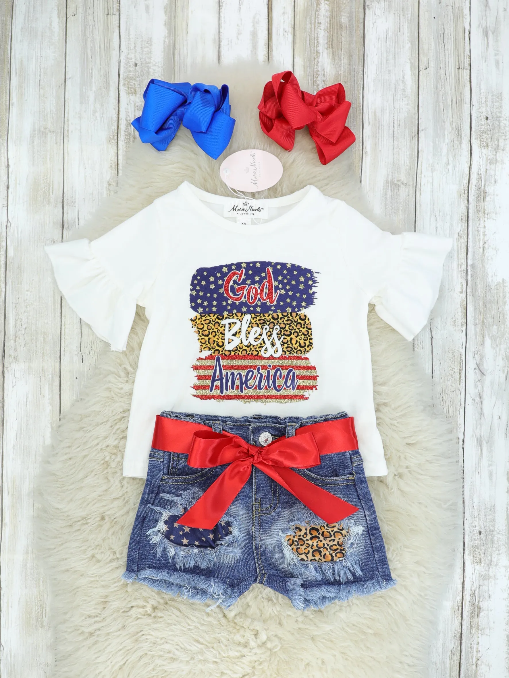 "God Bless America" Ruffle Top & Distressed Denim Outfit