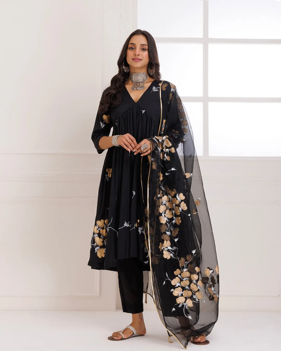 Rangreza Black HandPainted Gathered Suit Set - Set of 3