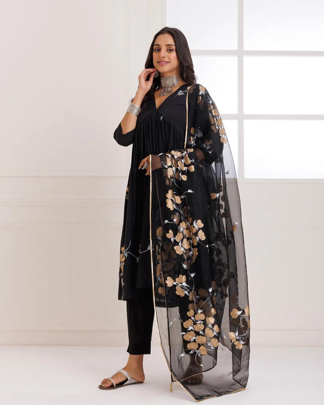 Rangreza Black HandPainted Gathered Suit Set - Set of 3