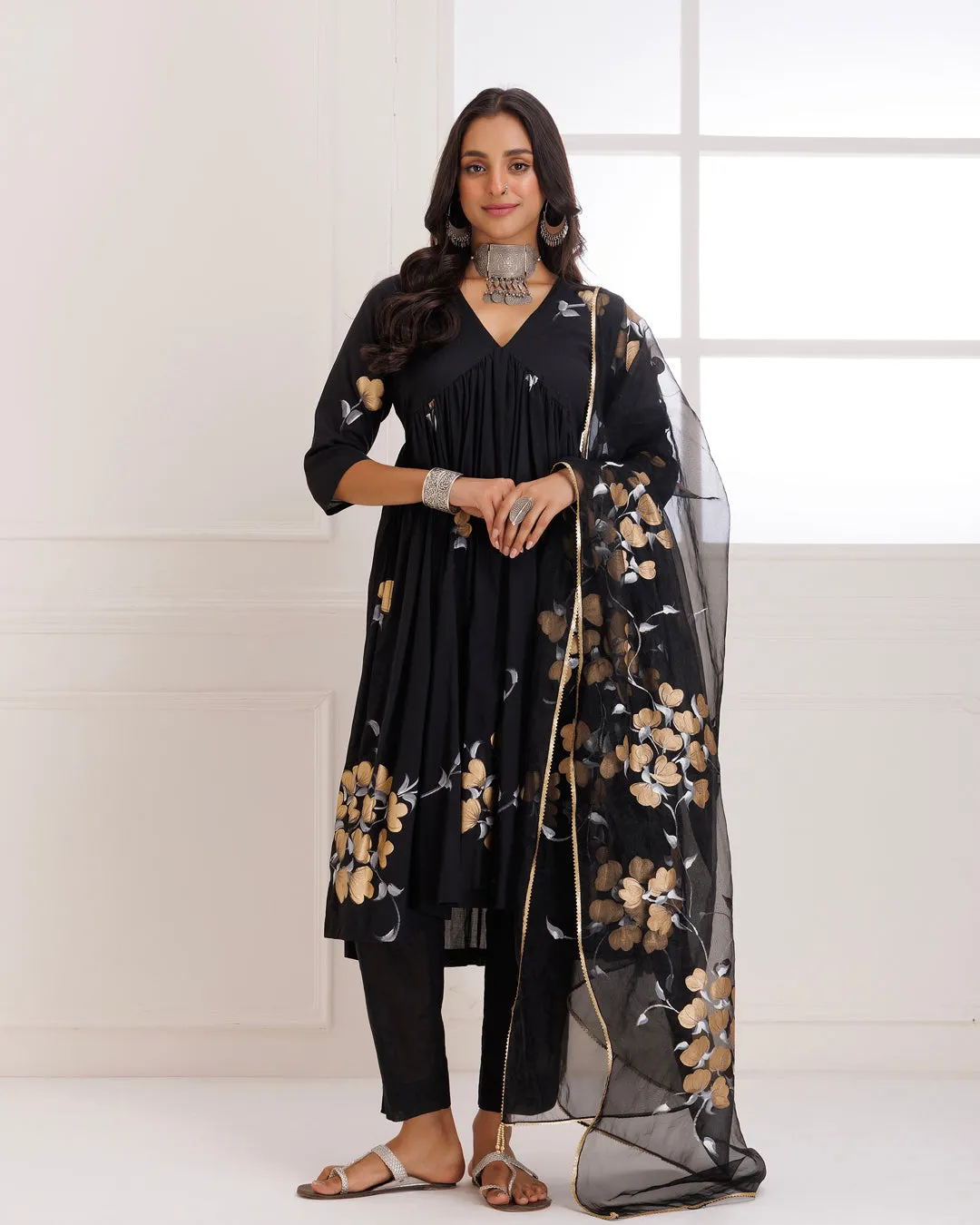 Rangreza Black HandPainted Gathered Suit Set - Set of 3