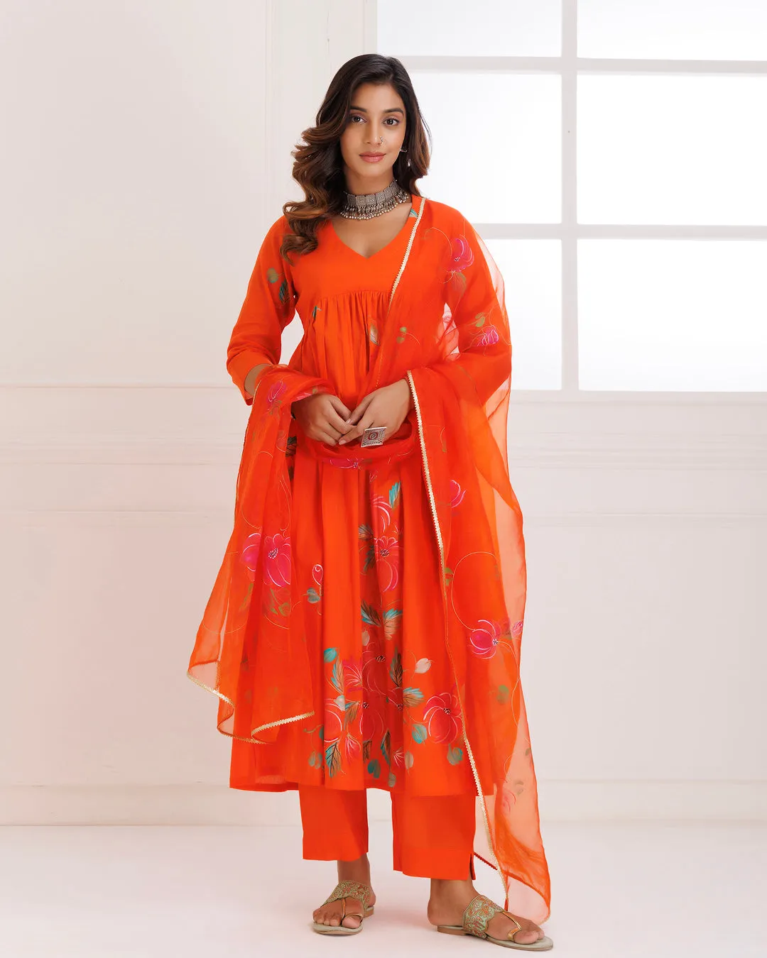 Rangreza Orange HandPainted Gathered Suit Set - Set of 3