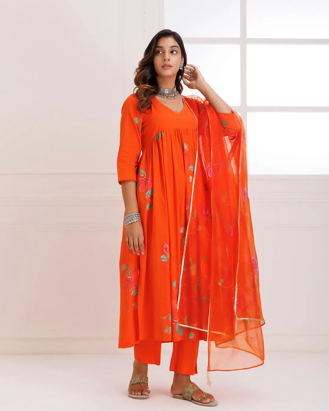 Rangreza Orange HandPainted Gathered Suit Set - Set of 3