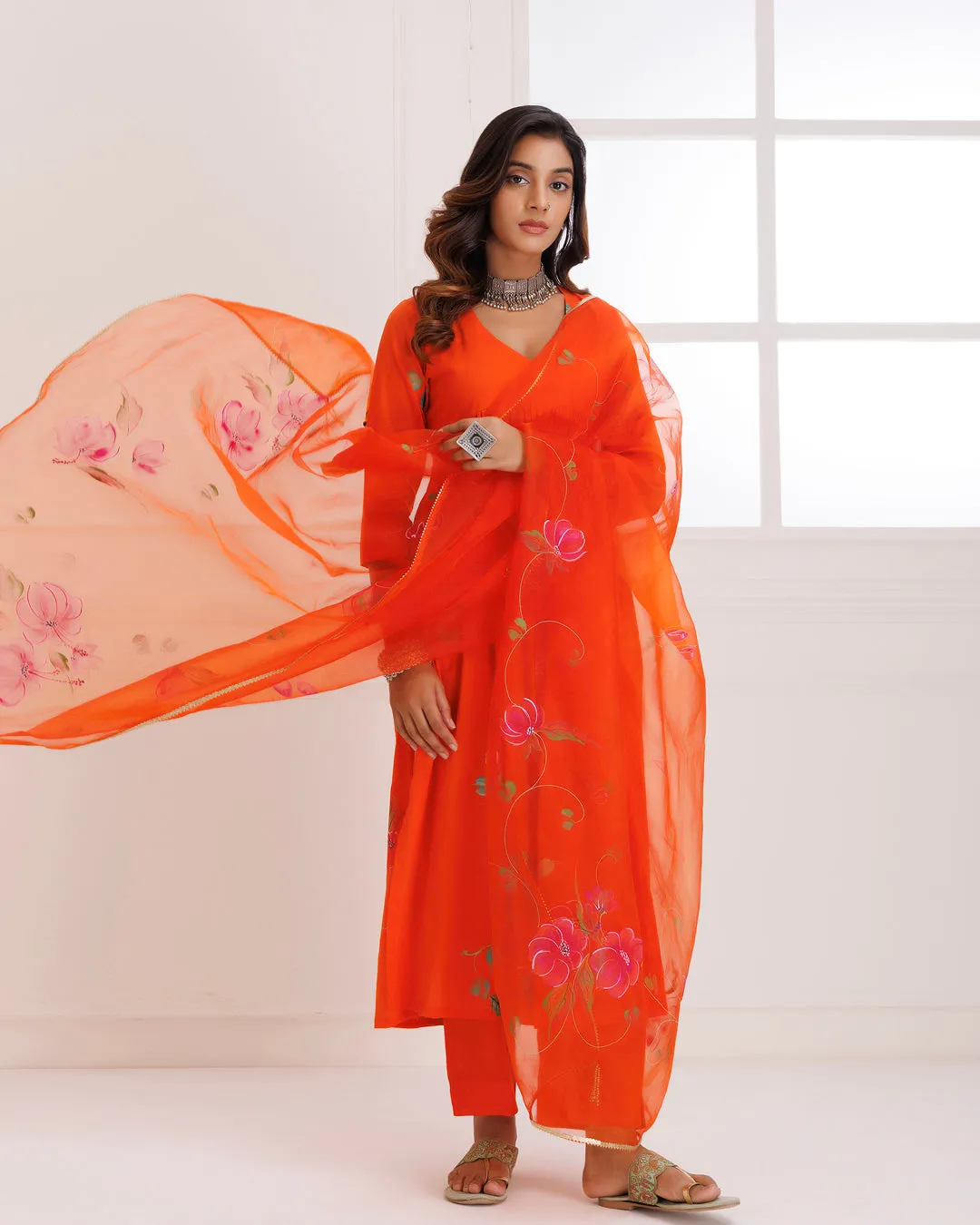 Rangreza Orange HandPainted Gathered Suit Set - Set of 3