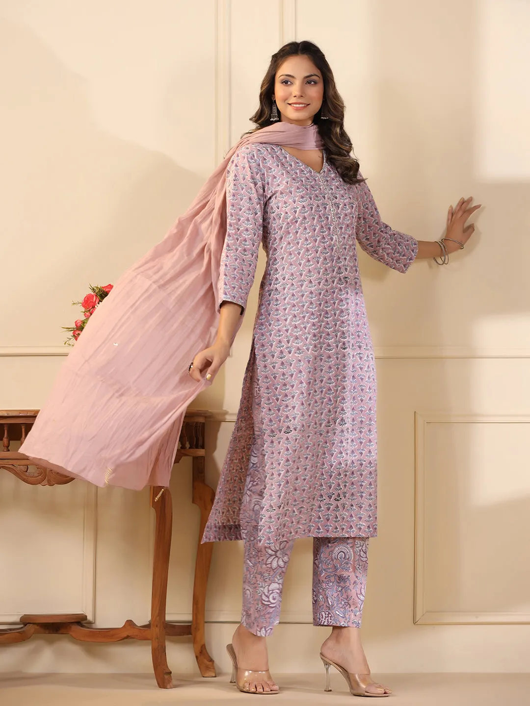 Sadabahaar Lilac Butti Handblock Printed Cotton Kurta Pant Set