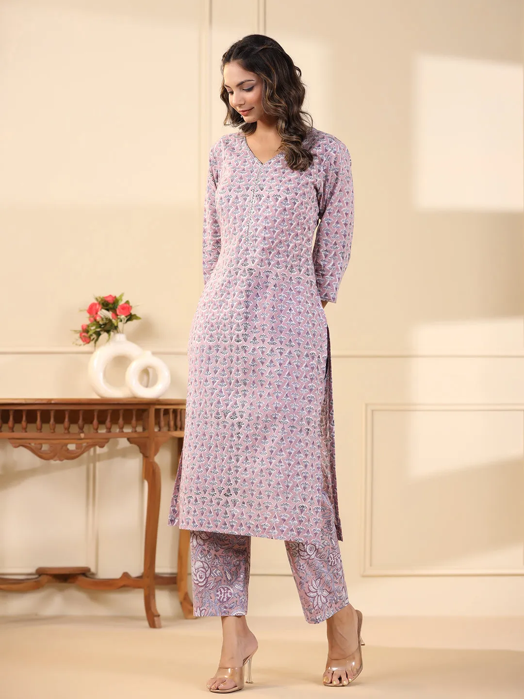 Sadabahaar Lilac Butti Handblock Printed Cotton Kurta Pant Set