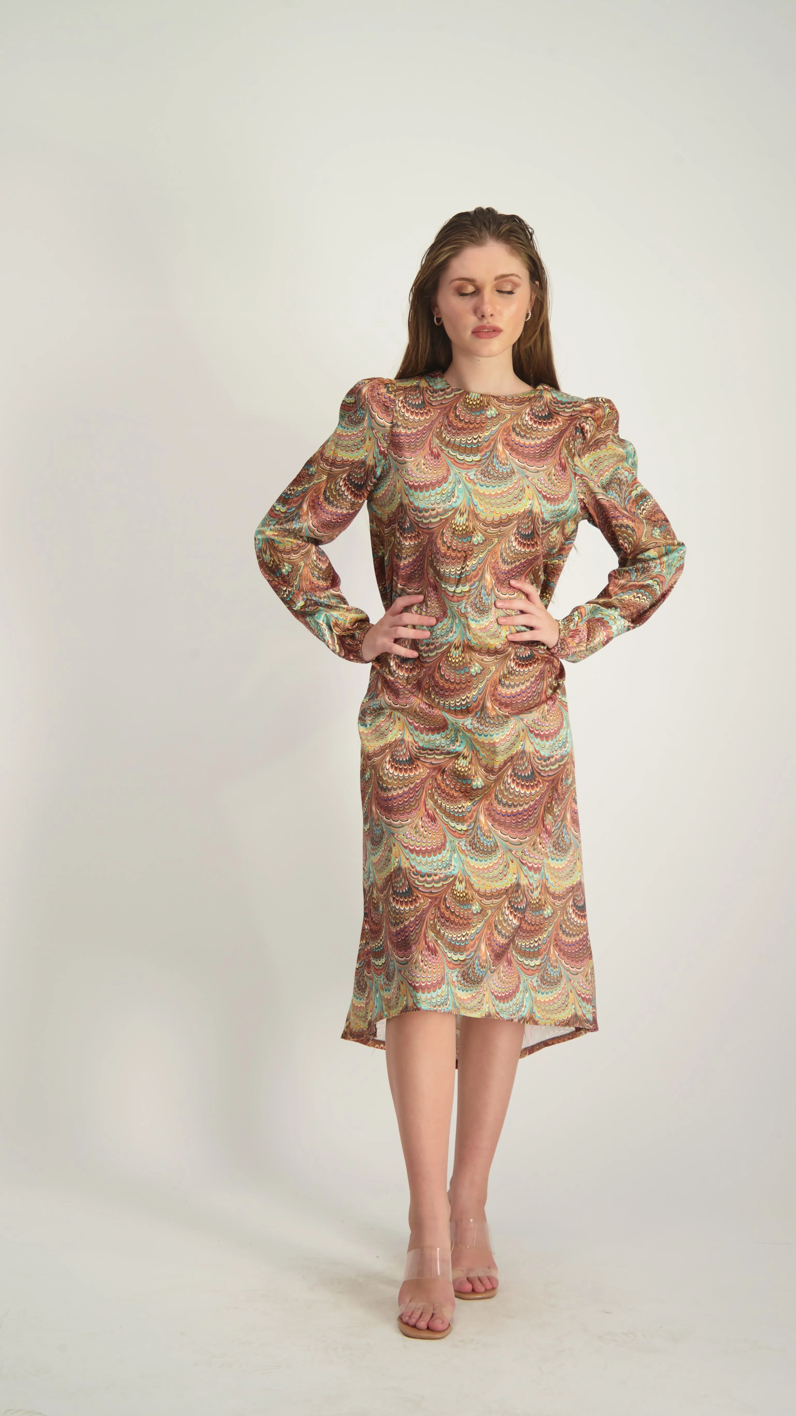 Satin A-line Dress with belt / Peacock