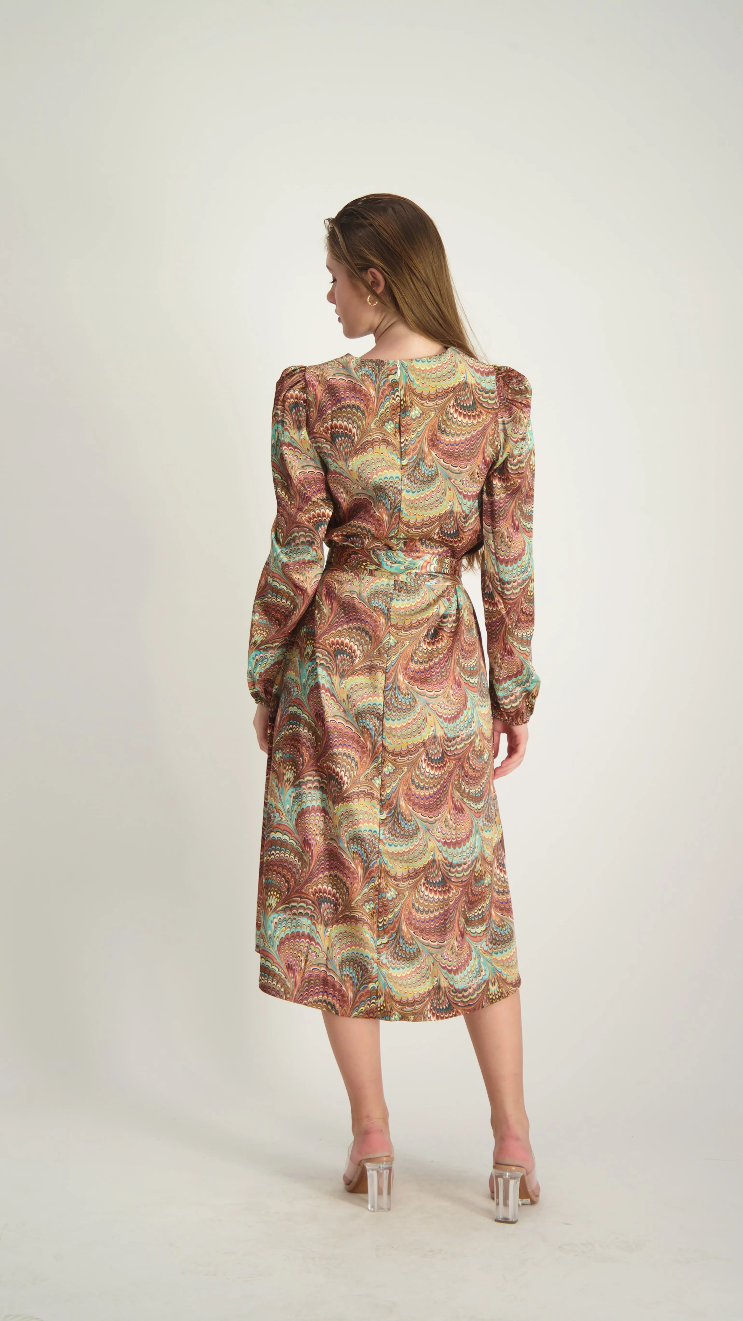 Satin A-line Dress with belt / Peacock