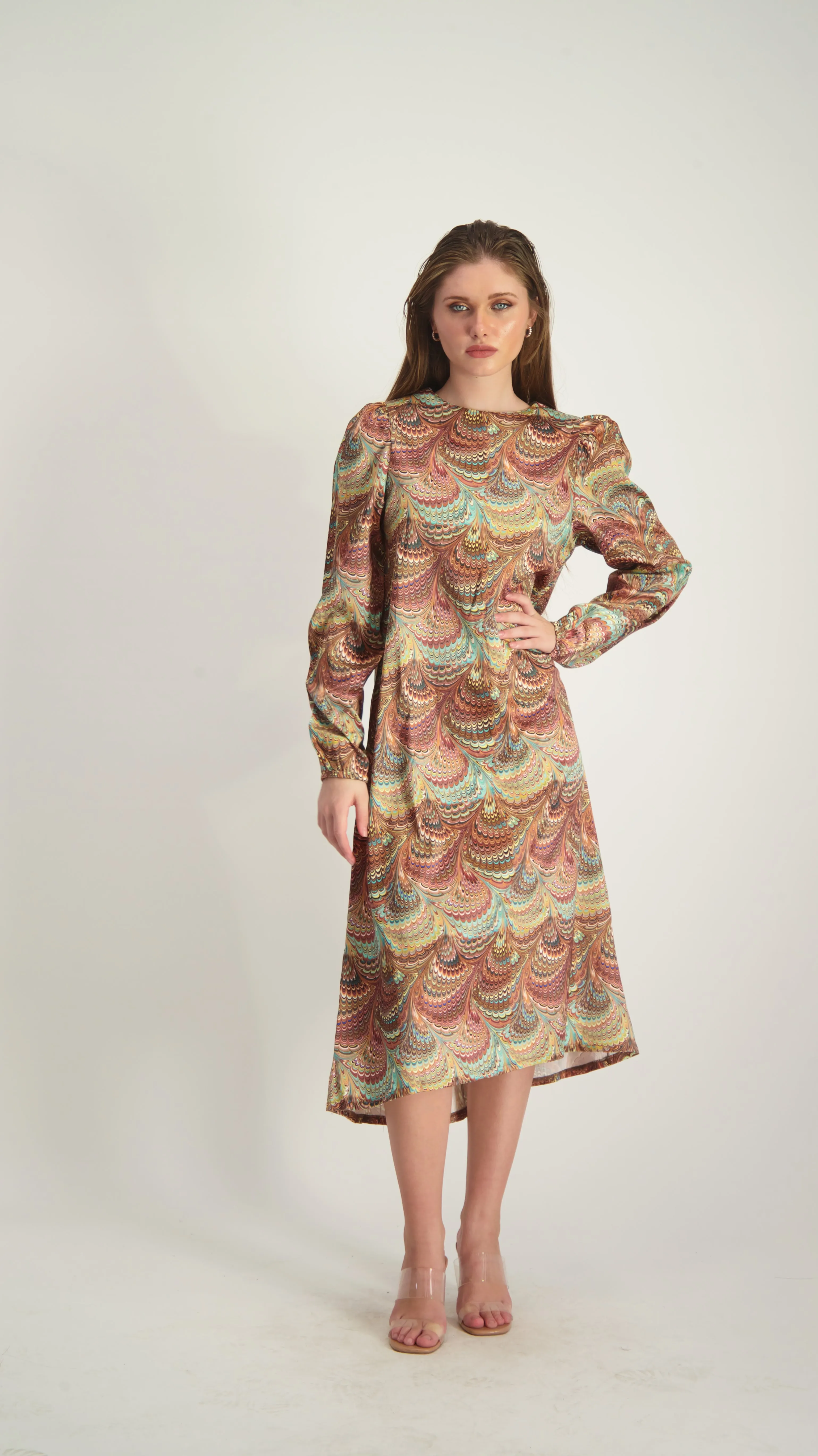 Satin A-line Dress with belt / Peacock