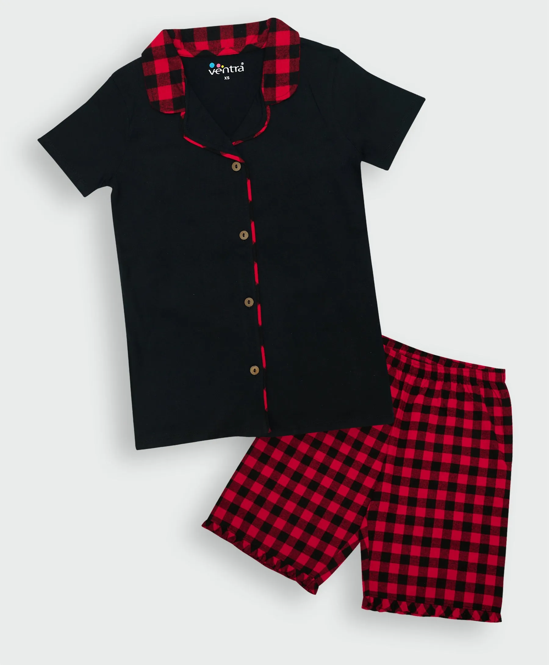 Ventra Ladies Red Checks Shorts Set